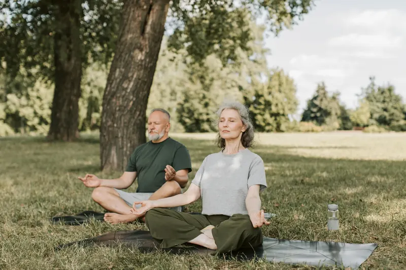 Älteres Paar meditiert auf Yogamatten im Park